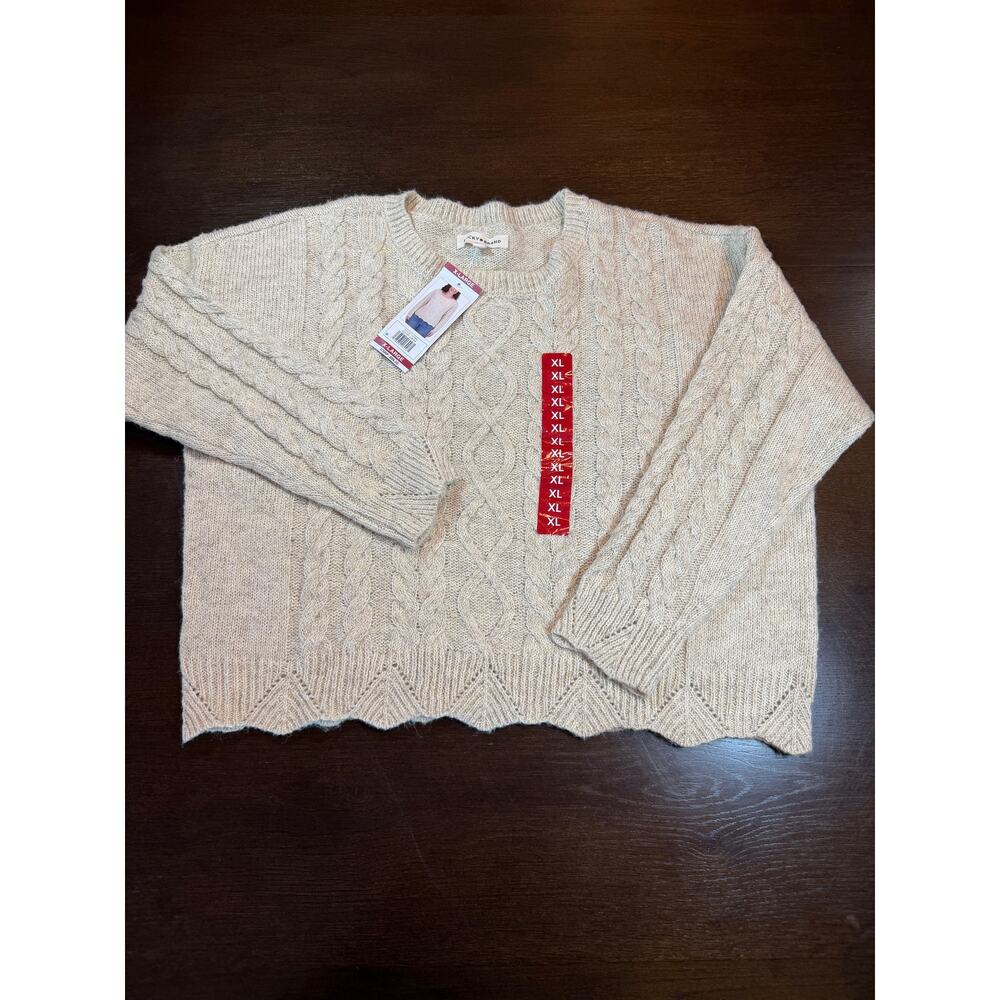 NWT Lucky Brand XXL Cream Gold Open Knit Cropped Sweater Scalloped Hem